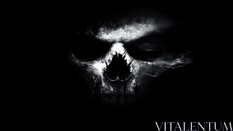 Ghostly skull emerges from darkness with drifting smoke.