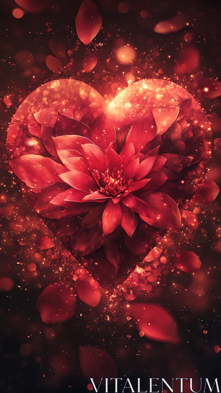 Glowing Red Flower Heart Surrounded by Golden Light Particles