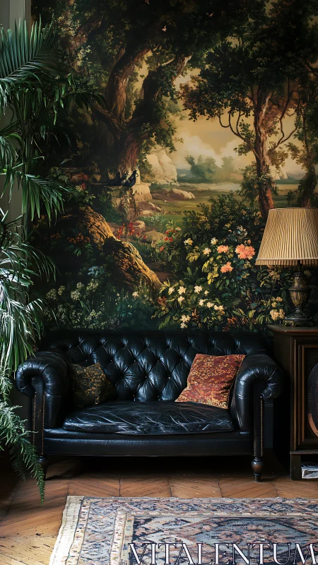 Tufted leather sofa anchors interior with mural forest backdrop