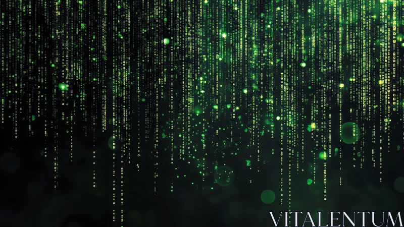 Neon green digital code rain falling over black void.