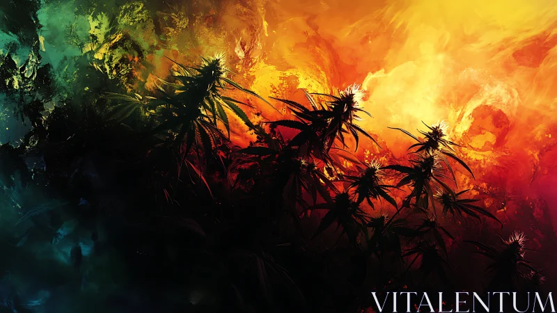 Glowing forest silhouettes against a fiery dreamlike sky.