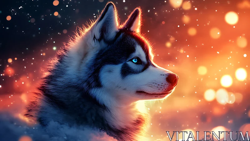 Blue eyed husky gazing through glowing winter starlight.