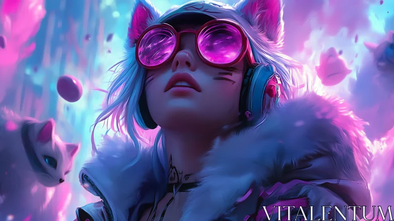 Neon cat-eared drifter in prism-pink cyberdream skies.