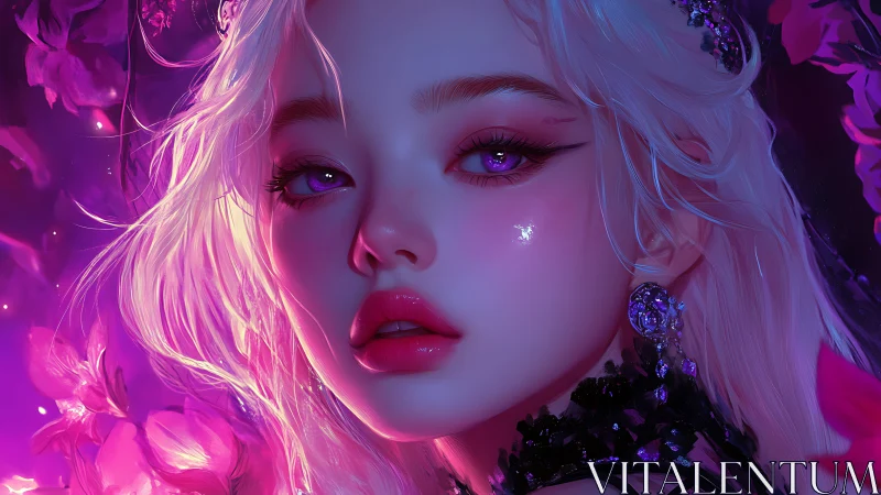 Iridescent violet portrait of blonde woman in neon florals