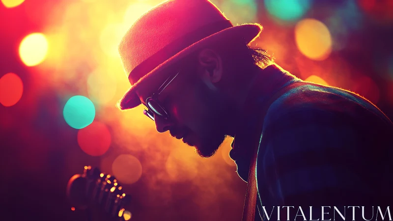 Silhouetted guitarist in hat stands against vivid stage lights