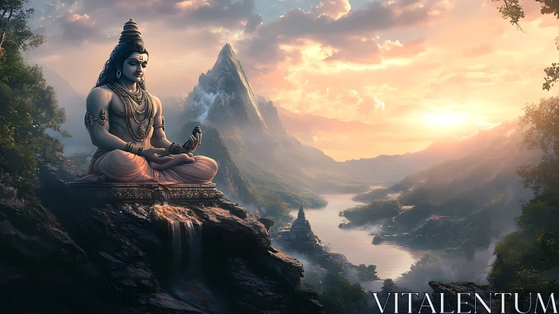 Mountain river deity under volumetric sunrise illumination.