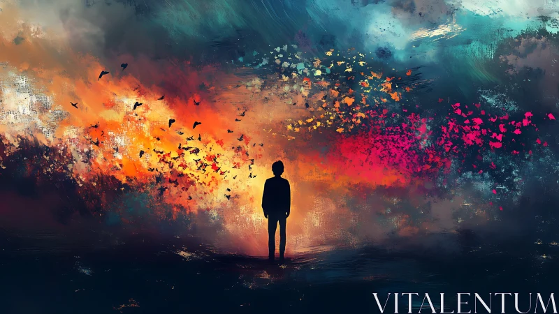 Silhouette figure amid abstract sky with birds and color fields.
