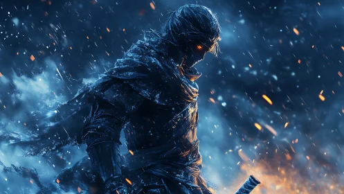 Lone fire-eyed warrior strides through a frozen storm of embers.