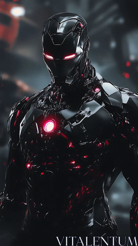 Armored humanoid figure in black exosuit with red lighting