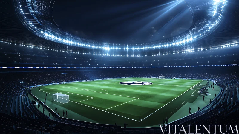 Floodlit arena halo crowns a poised midnight football stage.