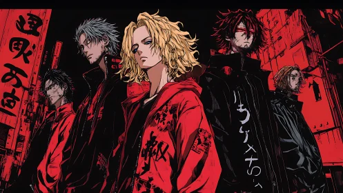 Urban night gang lineup in red black high-contrast anime art