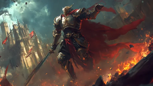 Crimson warlord strides through cathedral firestorm dusk.