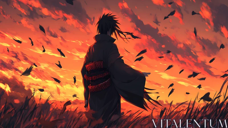 Lone wanderer beneath a burning crow-filled sunset sky.