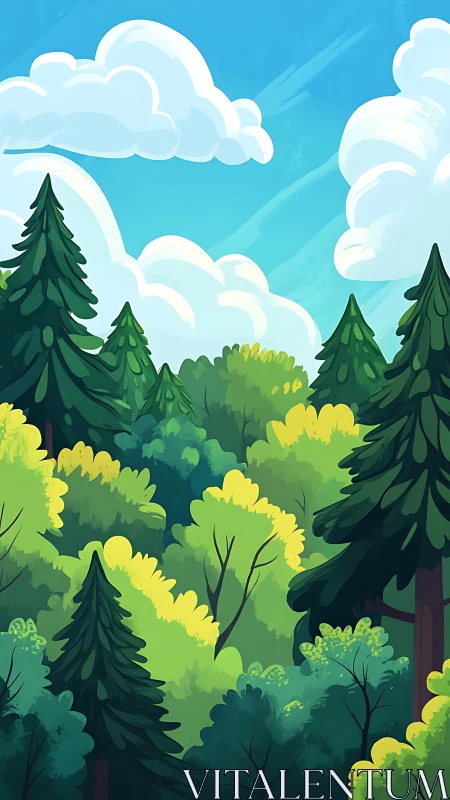 Serene Forest Landscape with Blue Skies and Lush Vegetation