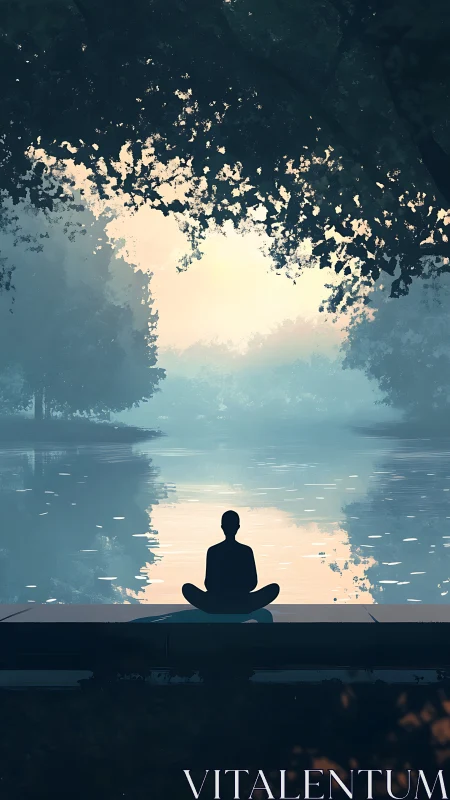 Peaceful lake meditation at sunrise in a quiet forest.