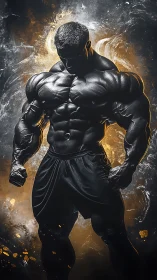 Forged Titan in molten shadow flexes against cosmic storm.