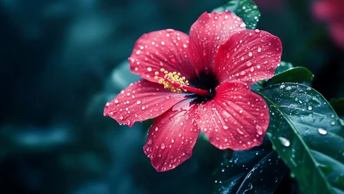 Rain-Soaked Hibiscus Petals Glisten Against Dark Green Foliage.