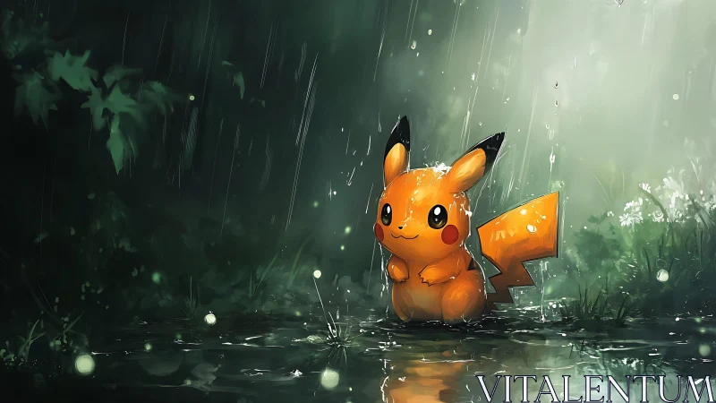 Digital painting of Pikachu in luminous forest rainfall scene.