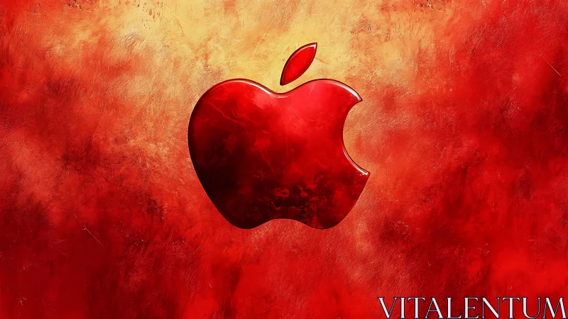 Glossy red apple emblem over fiery textured backdrop.