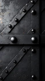 Weathered black metal plates form a rugged industrial surface