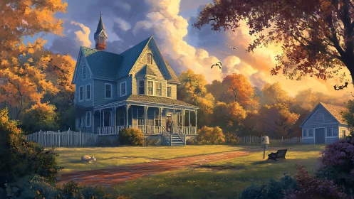 Golden hour autumn farmhouse glowing with cozy charm.