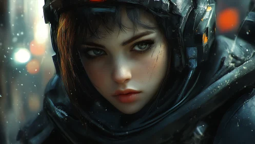 Cyber soldier girl stares ahead under falling snow