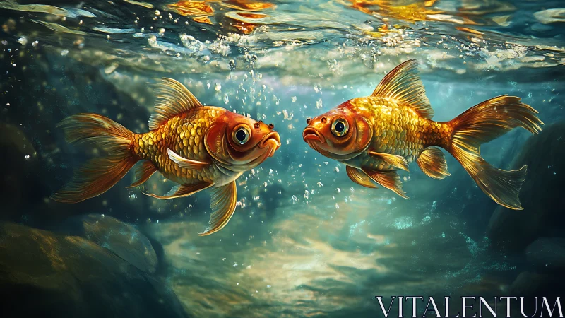 Two worried goldfish trade secrets in a glittering stream