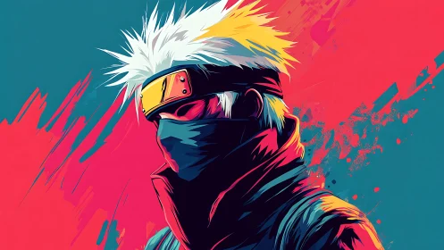 Neon-masked shinobi in a storm of cyan and magenta fire.
