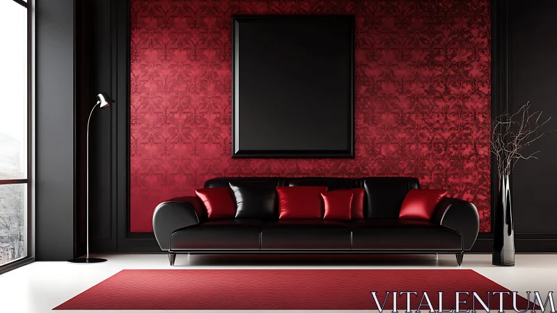 Velvet shadows cradle a crimson-soaked modern lounge scene