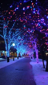 Winter city promenade under neon blue and magenta lights.