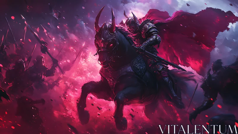 Dark knight on warhorse charging through crimson battlefield.