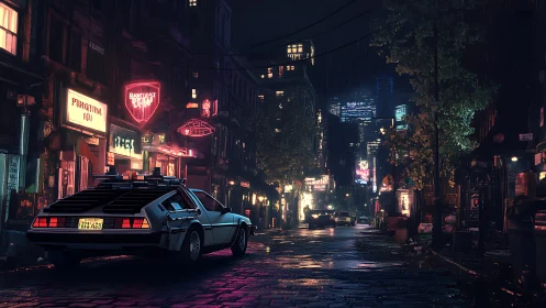 DeLorean time machine on neon-soaked rain street, retro-futurist city.