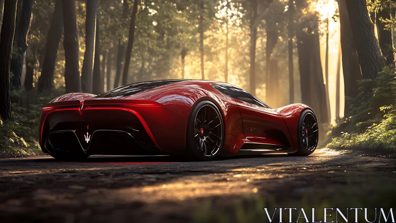 Red sports concept car on forest road in low sunlight.