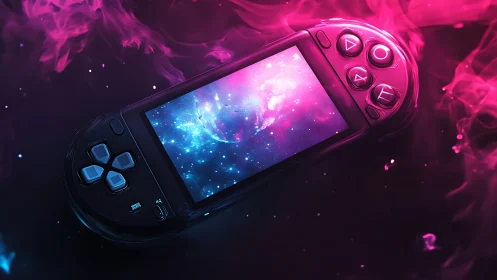 Neon Handheld Gaming Device with Cosmic Display.