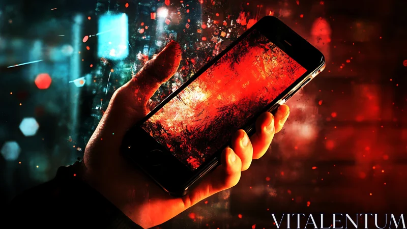 Hand gripping smartphone amid red digital glitch particle dispersion