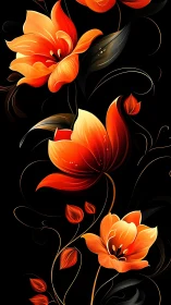 Vibrant Orange and Red Botanical Florals Against Black Background