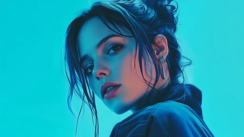 Cyan-lit digital portrait with high-frequency edge detailing.