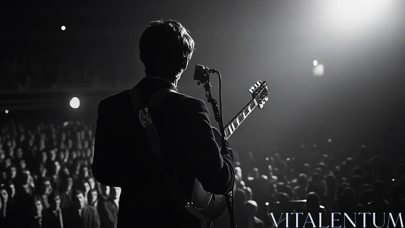 Guitarist performing on stage before large focused crowd.