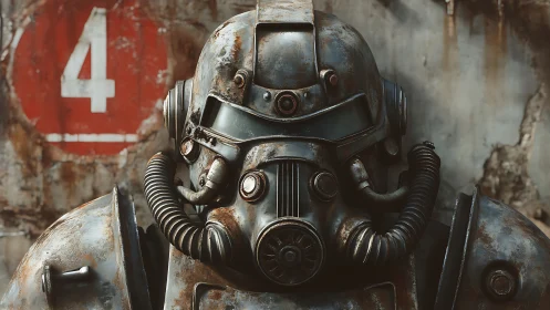 Rust-scarred battle armor broods in post-nuclear silence.