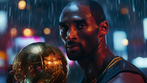 Basketball player holding golden ball under city rain.