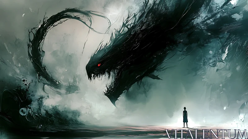 Monolithic void-serpent confronting solitary human silhouette.