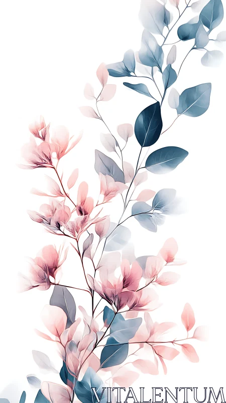 Soft pink and blue botanical stems on white background.