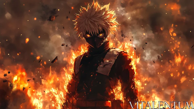 Masked fire-wreathed warrior stands amid explosive inferno