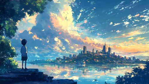 Solitary boy watching luminous city across tranquil lake.