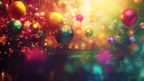 Colorful party balloons float in glowing festive light.