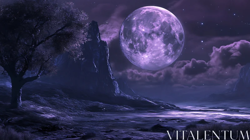 Violet-toned rocky landscape under large luminous moon.
