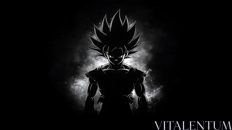 Silhouetted spiky-haired warrior stands in glowing white aura.