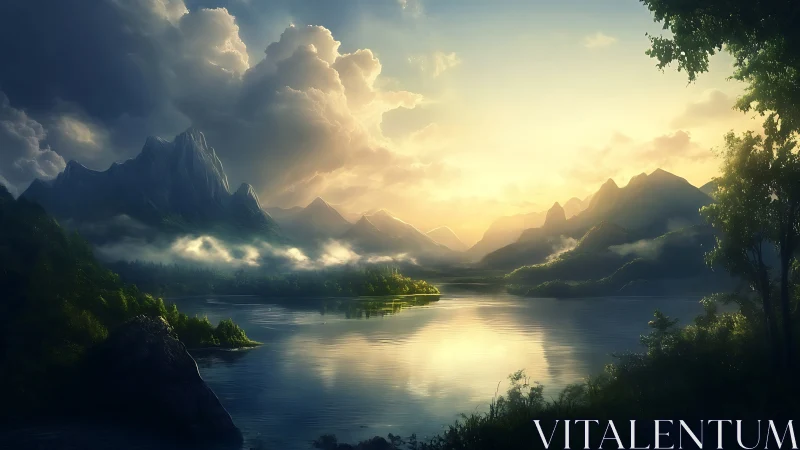 Luminescent alpine lake at sunrise with volumetric clouds