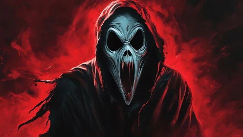 Hooded specter screams within red inferno of swirling smoke.