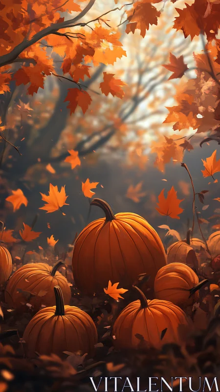 Golden pumpkin patch glowing under drifting autumn leaves.